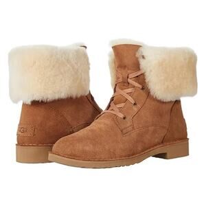 UGG Weylyn Shearling Cuff Lace Up Suede Boots Chestnut Fur Womens 8.5 Cozy Y2K